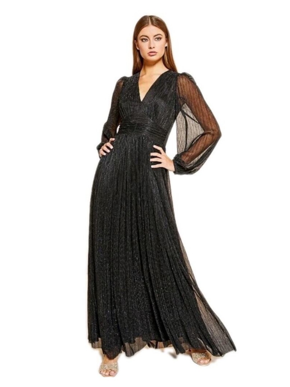 Alex Marie Bella Crinkle Metallic V Neck Black Dress 8 Petite